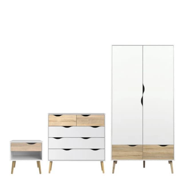 Furniture To Go Oslo 3 Piece Bundle, Bedside, Chest And 2 Door 2 Drawers Wardrobe In White And Oak