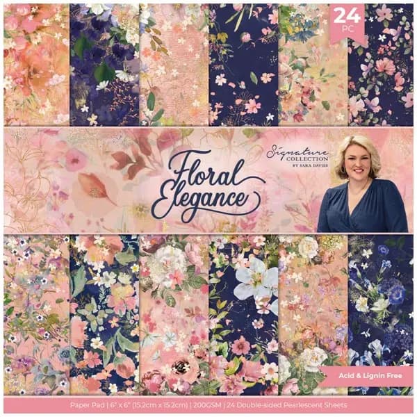 Sara Davies Signature Collection 6x6in Pearl Printed Paper Pad Floral Elegance 200gsm 24 Sheets