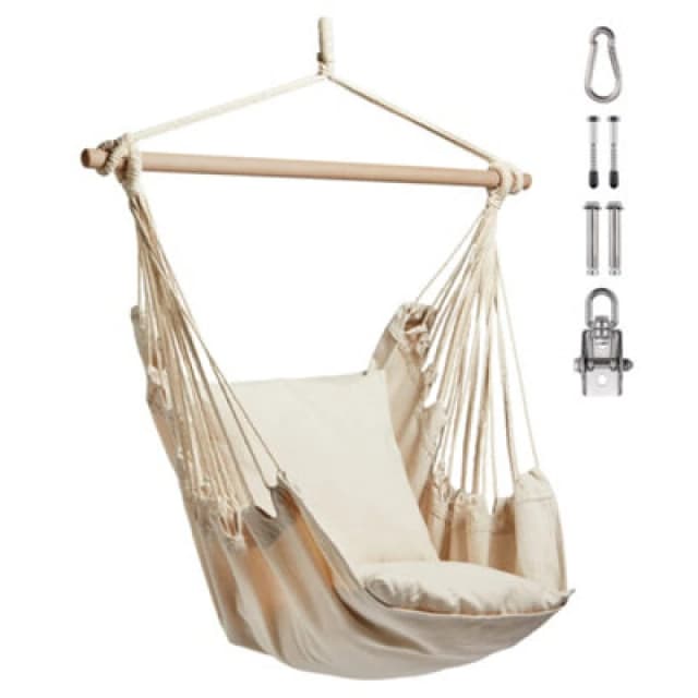 Vonhaus Hanging Chair, Beige Garden Hammock Chair Swing Seat, Cotton Rope Swing Chair With Tree Attachment, Portable Garden Chair