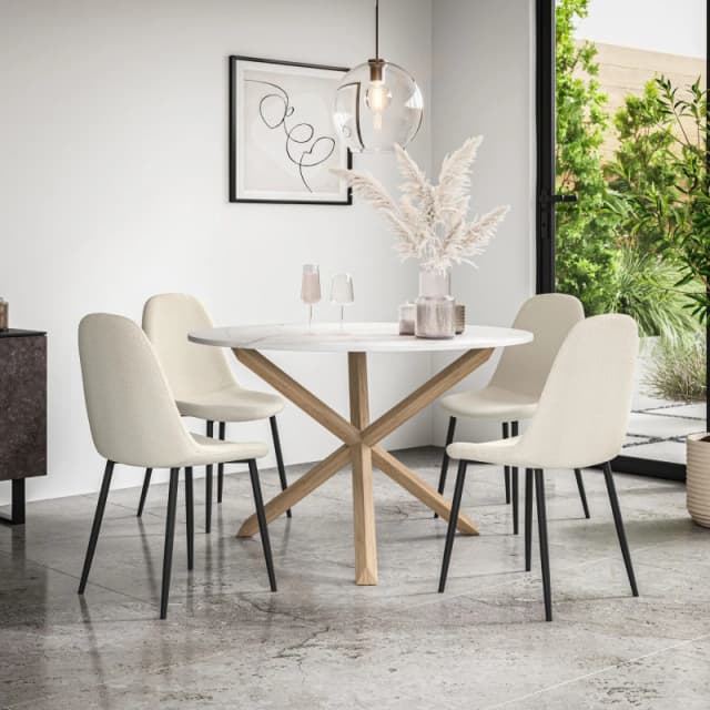 More4Homes Malvern Round Dining Table And Chairs - Marble Table Top W Solid Oak Legs + Maya Boucle Dining Chair Set Of 4 (Ivory White)