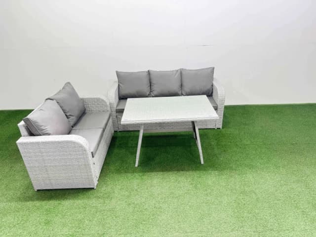 Fimous Outdoor Rattan Garden Furniture Set Rectangular Dining Table Sofa Set in Light Grey Light Grey Unisex