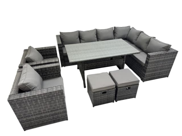 Fimous Rattan Garden Furniture Set Outdoor 10 Seater Patio Corner Sofa Sets With Table 2 Chairs 2 Small Stools Dark Grey Mixed