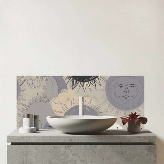 Warren Reed - Designer Grey Black Abstract Moon & Sun Glass Bathroom Splashback Grey Unisex
