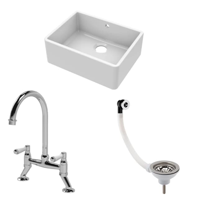 Balterley Fireclay 1 Bowl Butler Sink Overflow Waste Mixer Tap 595mm in White White Unisex