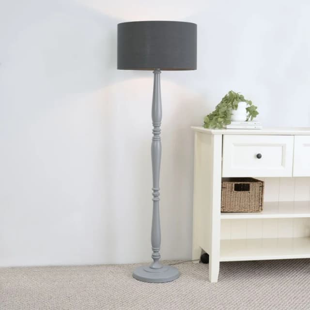 ValueLights Victoria Grey Wood Traditional Stem Floor Lamp with Fabric Drum Shade Charcoal