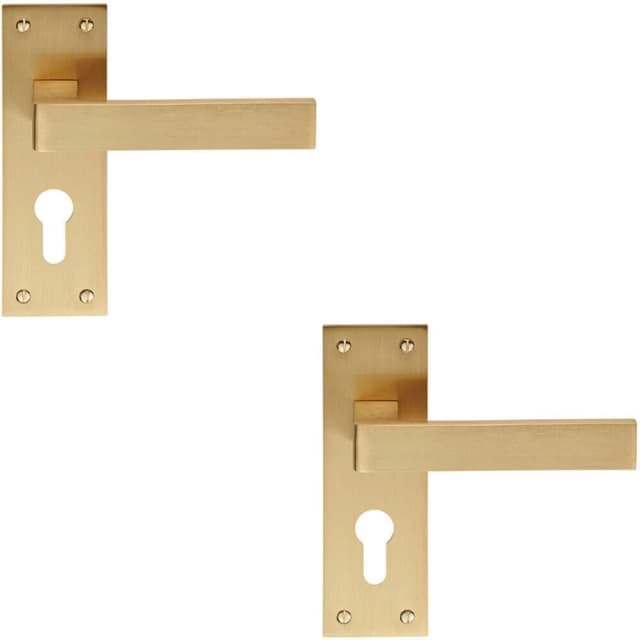 Loops 2x PAIR Straight Square Handle on Euro Lock Backplate 150 x 50mm Satin Brass Metallics