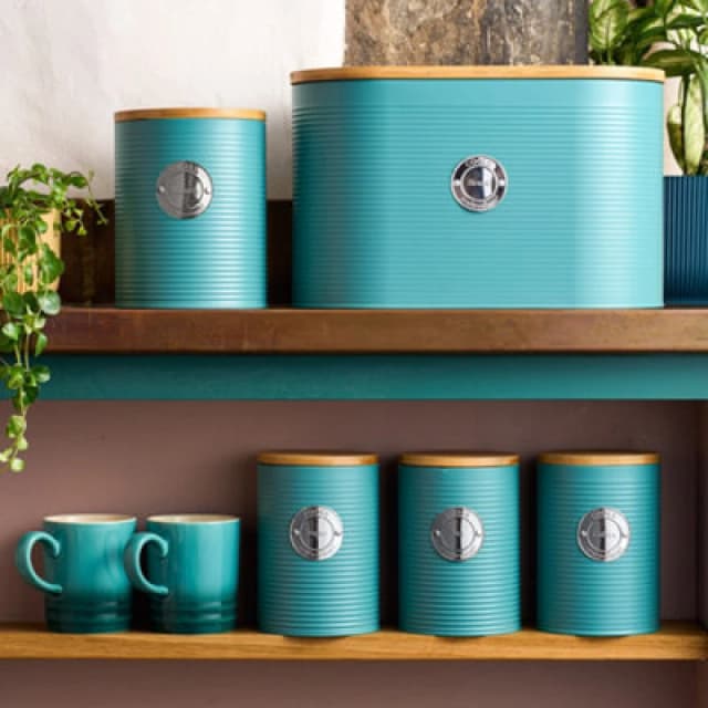 Cooks Professional 5Pc Tea, Coffee, Sugar, Biscuit & Bread Ribbed Canister Kitchen Storage Set With Bamboo Lids - Teal & Silver