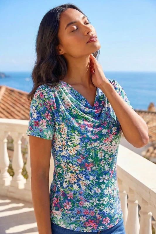 Roman Womens Floral Print Cowl Neck Stretch Top in Navy Size: 18 Navy Female 18