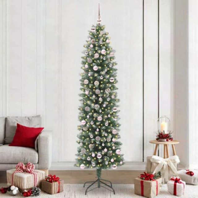 vidaXL Artificial Slim Christmas Tree with Pink Balls Green and white 240 cm, Green 3395319