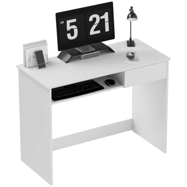 HOMCOM HOMCOM Compact Computer Table with Keyboard Tray and Drawer, Writing Desk in White White One Size Unisex 5063603021761