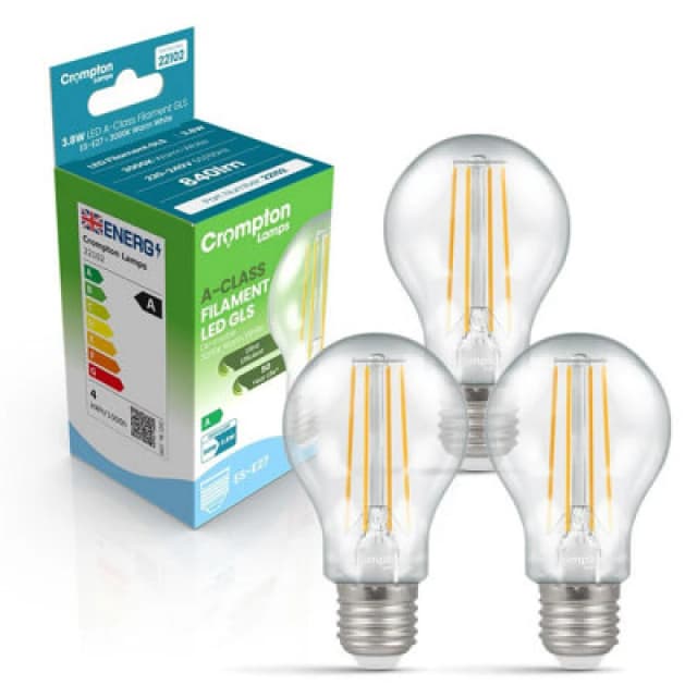 Crompton Lamps LED Ultra-Efficient GLS 3.8W E27 Dimmable A-Class Warm White Clear (60W Eqv)