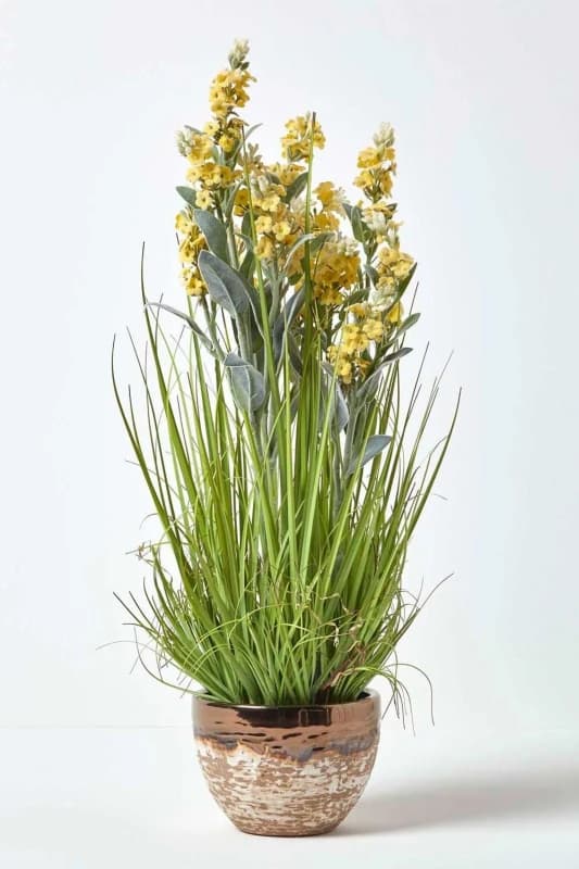 Homescapes Artificial Lavender Plant in Decorative Metallic Ceramic Pot, 66cm Yellow