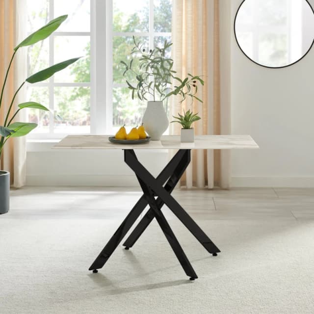 FurnitureboxUK FurnitureboxUK Leonardo 4-Seater Dining Table With Marble Effect Glass Top And Black Metal Legs in White White One Size Unisex 50565426