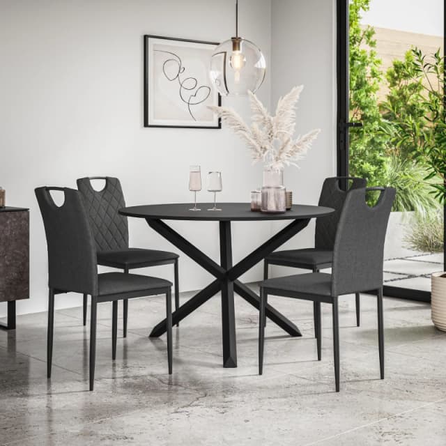 More4Homes Malvern Round Dining Table And Chairs - Black Table Top W Solid Oak Black Legs + Monza Fabric Dining Chair Set Of 4 (Charcoal)