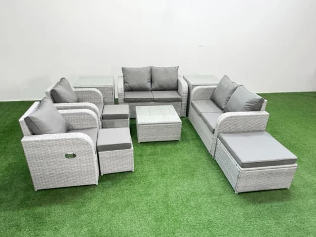 Fimous 9 Seater Outdoor Reclining Chair Love Sofa Set Rattan Garden Furniture Set with Square Coffee Table 3 Stools 2 Side Table Light Grey Light Grey