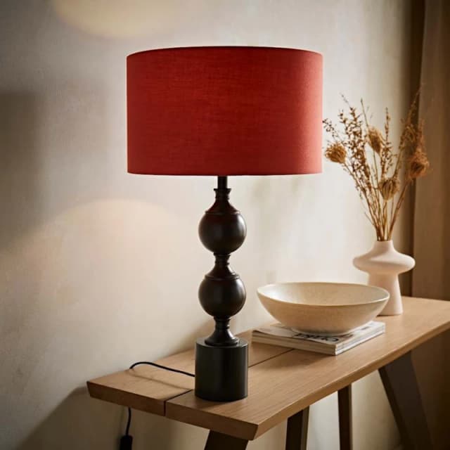 ValueLights ValueLights Declan Candlestick Metal Ball Table Lamp with Fabric Drum Lamp Shade in Light Red Light Red One Size Unisex 5059406067976