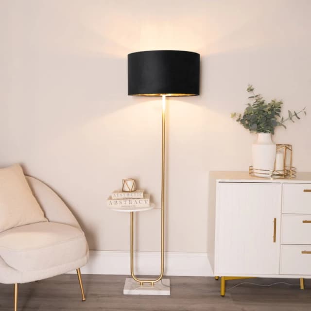 ValueLights ValueLights Tavel Gold Floor Lamp with Table and Velvet Drum & Gold Inner Lamp Shade & Bulb in Black One Size Unisex 5059406061493
