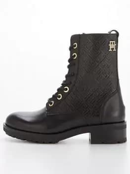 Tommy Hilfiger TH Monogram Biker Boots - Black, Size 37, Women