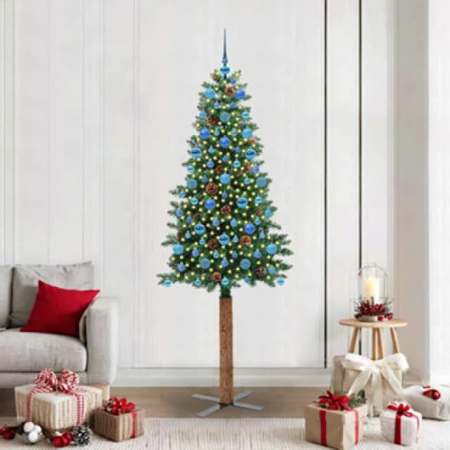 vidaXL Slim Christmas Tree with Blue Balls Green 210cm PVC and Solid Pine wood, Green 3394884