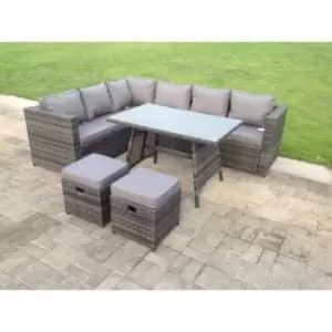 Fimous 6 Seater Outdoor Dark Grey Mixed Rattan Corner Sofa Set with Rectangular Dining Table and 2 Stools