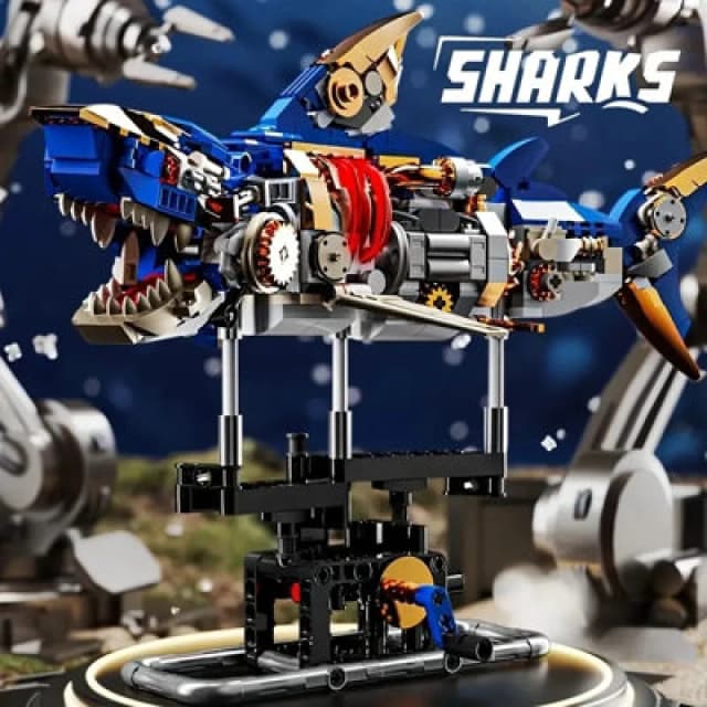 Dyzi Mechanical Shark Building Ornament Set With Display Stand & Light 687Pcs Marine Animal Stem Toy Legos Compatible