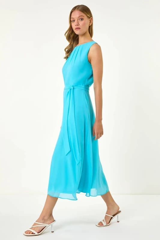 Roman Womens Chiffon Pleated Neck Midi Dress in Blue Size: 18 Blue Female 18