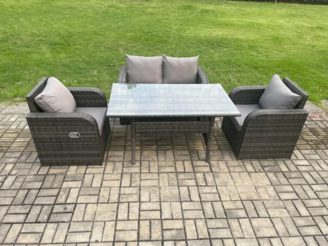 Fimous Rattan Garden Furniture 4 Piece Grey Patio Furniture Set Patio Conservatory 4 Seater Set Outdoor Rectangular Table & Chairs in Dark Grey Dark G