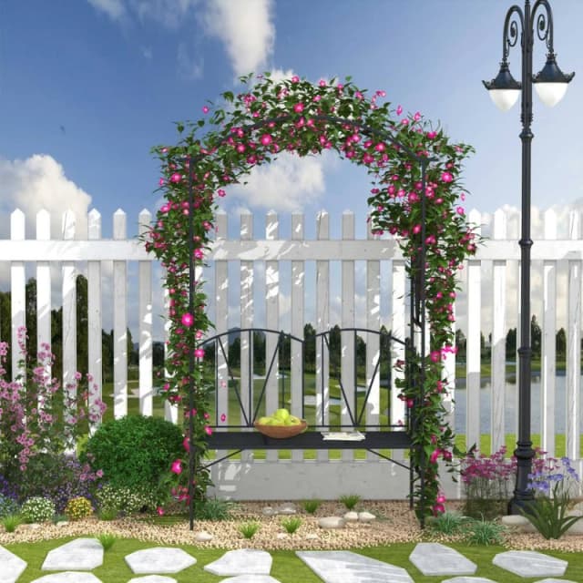 OUTSUNNY Garden Bench, Metal Garden Loveseat with Arch for Climbing Plants in Black Unisex