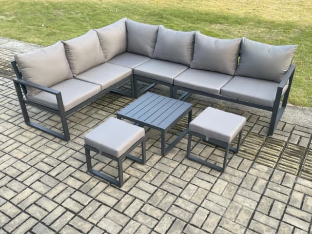 Fimous 8 Seater Aluminium Garden Furniture Set Outdoor Lounge Corner Sofa Square Coffee Table Sets with 2 Small Footstools Dark Grey Dark Grey Unisex