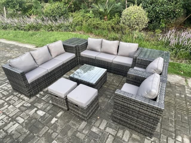 Fimous Outdoor Rattan Garden Furniture Set 10 Seater Patio Lounge Sofa Set with 2 Armchairs Square Coffee Table 2 Side Tables Dark Grey