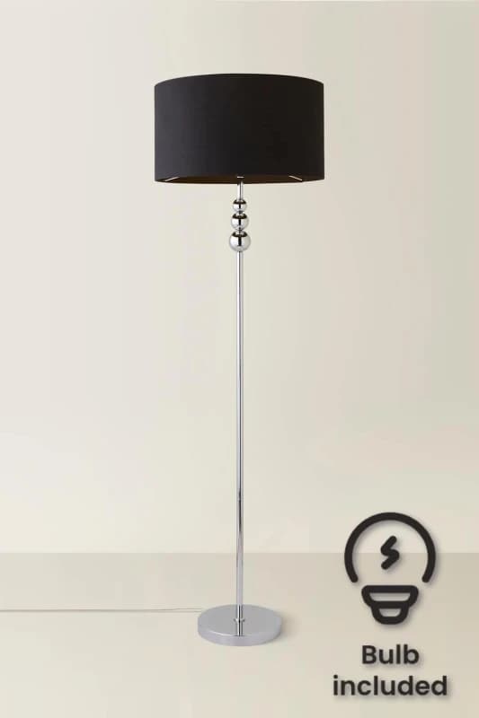 ValueLights Marissa Fabric Drum Shade with Chrome Stacked Ball Floor Lamp with LED Bulb Black