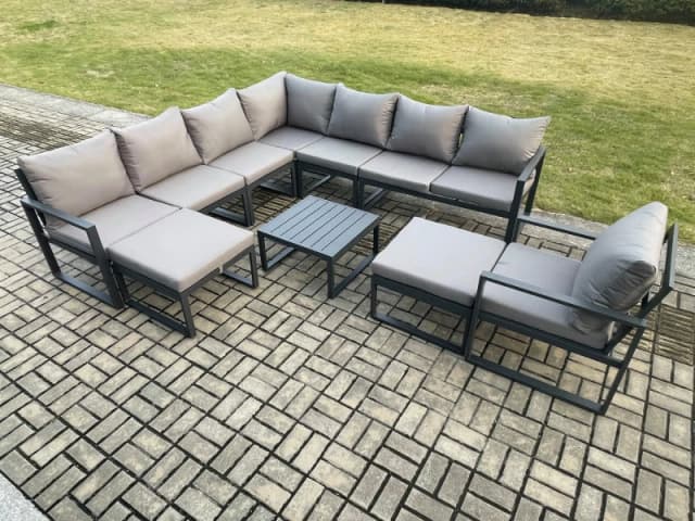 Fimous Aluminium Outdoor Garden Furniture Set Lounge Corner Sofa Chair Square Coffee Table Sets with 2 Big Footstools Dark Grey Dark Grey Unisex