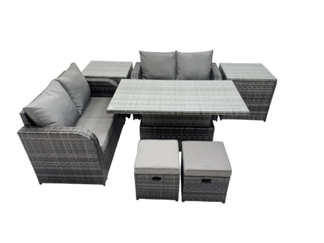 Fimous 6-seater Patio Rattan Garden Furniture Dining Set with 2 Small Stools in Dark Grey Dark Grey Unisex