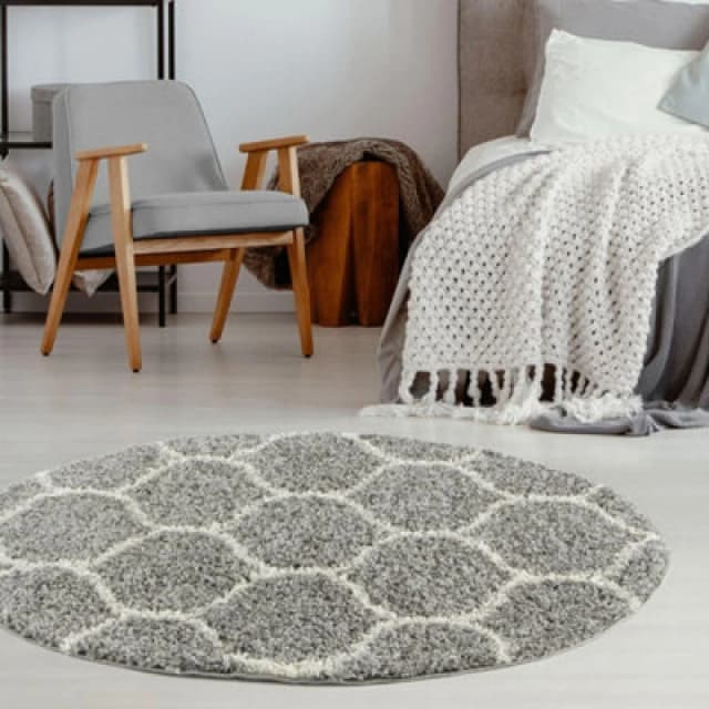 THE RUGS Soft Trellis Shaggy Rugs & Runners Grey & Ivory Living Room Size: 120cm diameter Grey Unisex 120cm diameter