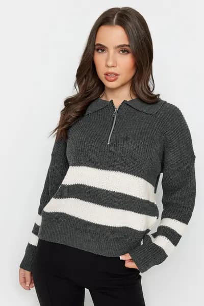 PixieGirl Petite Zip Collar Knit Jumper Grey