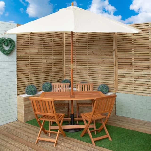 Outdoor 4 Person Folding Rectangular Wooden Garden Dining Table Chairs Cream Parasol and Base Set