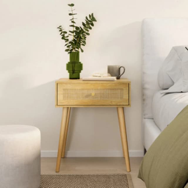 Vonhaus Bedside Table For Bedroom, Scandi Natural Rattan 1 Drawer Nightstand, Side Table For Living Room, Bedside Storage Cabinet