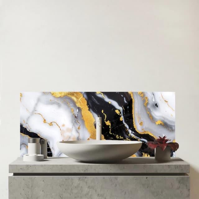 Warren Reed - Designer White Backed With Gold Marble Effect Glass Bathroom Splashback in Black Unisex