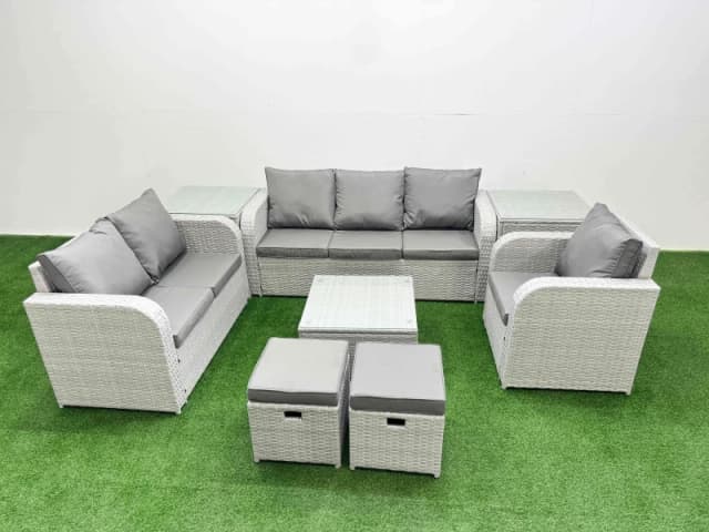 Fimous Patio PE Wicker 8 Seater Outdoor Rattan Furniture Sofa Sets with Square Coffee Table Reclining Chair Loveseat Sofa 3 Seater Sofa Stool 2 Side T