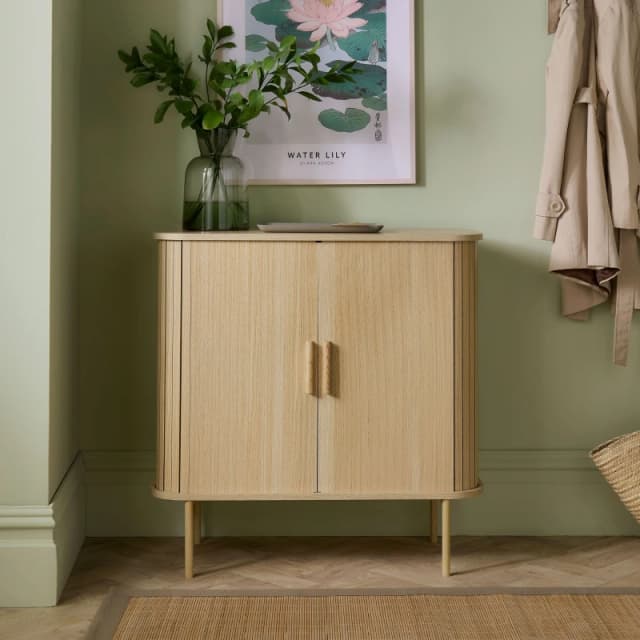 Vonhaus Sideboard For Living Room, Sliding Door Tambour Cabinet & 3 Shelves, Living Room Storage Cupboard For Hallway, Landos