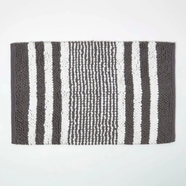 Homescapes Charcoal Chenille Stripe Bath Mat 100% Cotton, 50 X 80 Cm