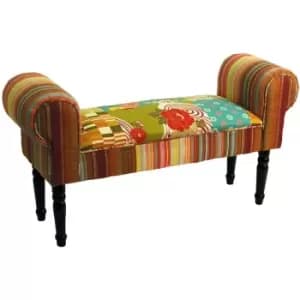 PATCHWORK - Shabby Chic Chaise Pouffe Padded Stool / Wood Legs - Multi-coloured - Black / Multi-coloured