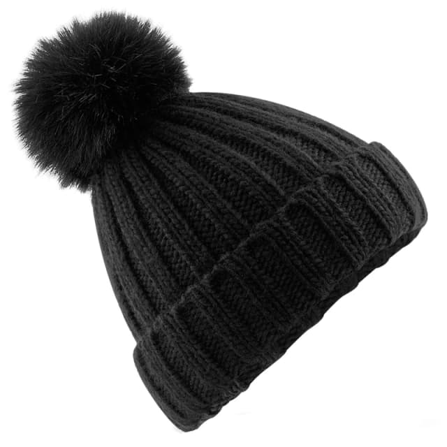 Beechfield Beechfield Verbier Faux Fur Pom Pom Beanie in Black One Size Unisex 5063417909460