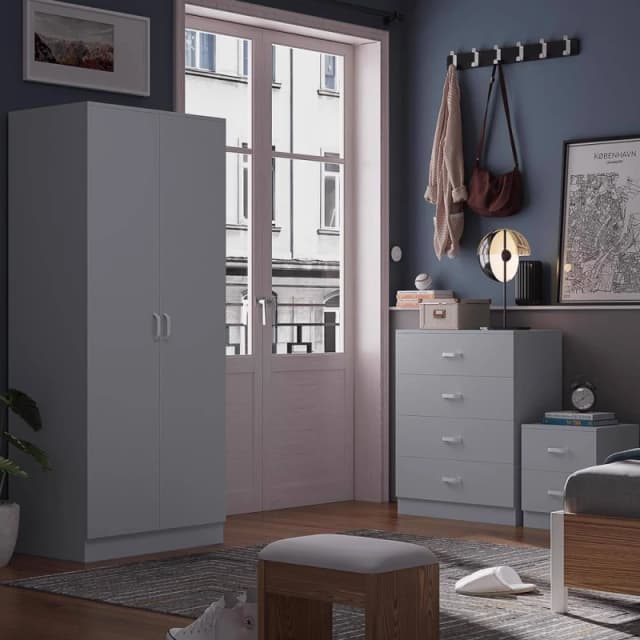 FWStyle FWStyle Grey 3 Piece Bedroom Furniture Set Bedside, Wardrobe, 4 Drawer Chest Grey One Size Unisex 5056413127761