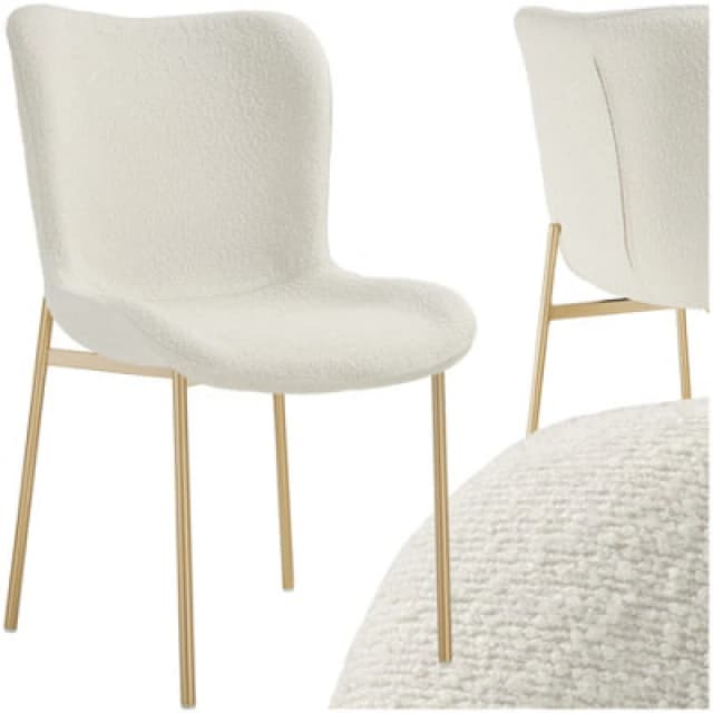 Tectake 1 Dining Chair Tessa - Ergonomic High Backrest, Slim Steel Legs, Soft Fabric - Boucle White/gold