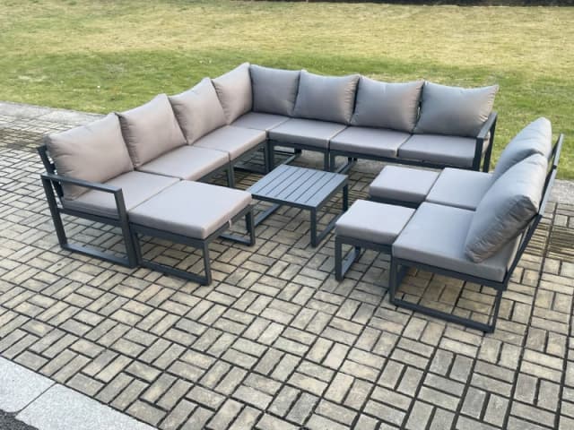 Fimous 12 Seater Patio Outdoor Garden Furniture Aluminium Lounge Corner Sofa Set with Square Coffee Table with 3 Footstools Dark Grey Dark Grey Unisex