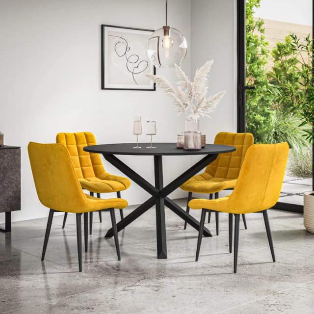 More4Homes Malvern Round Dining Table And Chairs - Black Table Top W Solid Black Oak Legs + Nova Velvet Dining Chair Set Of 4 (Mustard)