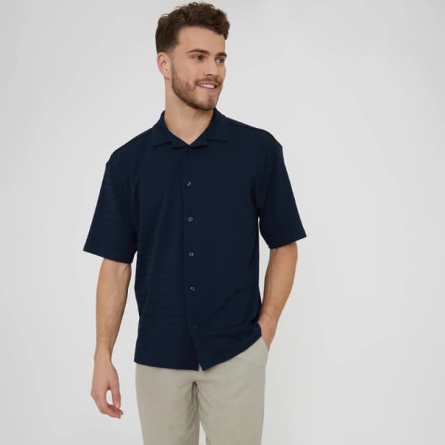 Threadbare 'Drewrea' Textured Short Sleeve Cotton Shirt With Stretch Navy