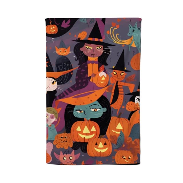 Warren Reed - Designer A Vibrant & Colorful Illustration Of Witches & Pumpkin Tea Towel in Orange Orange Unisex