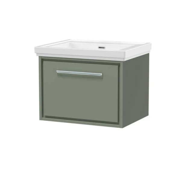 Balterley Wall Hung Single Drawer Bathroom Vanity, Fireclay Basin, Green, 600mm in Green Green Unisex